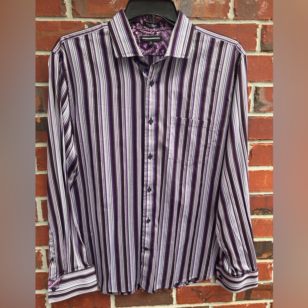 Express Design Studio Modern Fit Long Sleeve Button Down Purple Striped Shirt XL